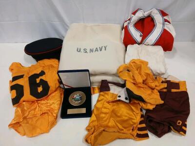 Vintage U.S. Navy Blanket, Texas Alamo Medal, #56 Jersey, Dress Cap, & Sports Uniform Lot