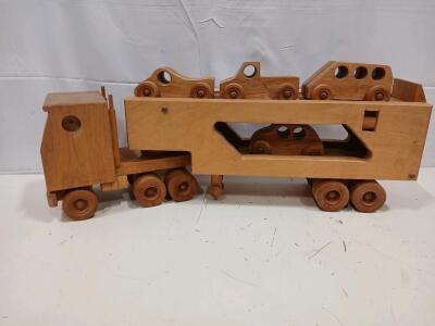 24" Handmade Wooden Semi-Truck W/ Trailer And 4 Cars