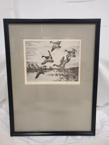 Mallards Evening Etching by Amos Shadwell Keller &ndash; Hand-Signed, Framed, Black & White Wildlife Art