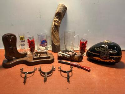 Eclectic Western & Casino Lot: Paul Hornbuckle Carving, Golden Nugget Bank, Spurs, Collectibles And Collectible Glasses