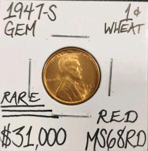 1947-S MS68RD Rare Red Gem Wheat Cent