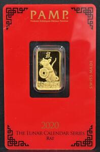 PAMP Suisse 5g Gold Bar 2020 Lunar Calendar Series Rat, 999.9 Fine, Sealed Assay, Serial C005317