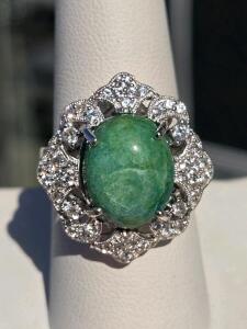 Oval 6.5ct Emerald & Sapphire Halo Ring, 925 Sterling Silver, Size 8, $2060 Appraisal, GGA Cert