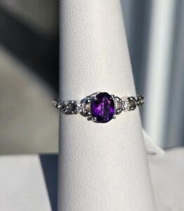 Sterling Silver Amethyst Oval Cut Ring, Size 6.5, Infinity Accents, Prong Setting