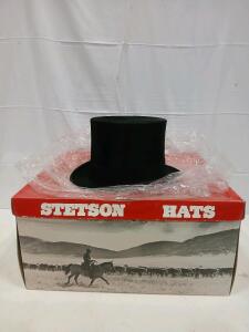 Mallory New York Black Fur Felt Top Hat Size 7 1/4 with Stetson Box, Vintage Formalwear