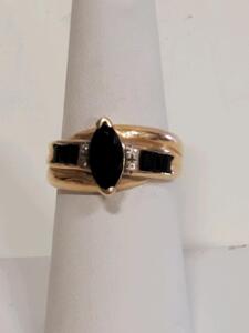 14K Gold Ring with Marquise Onyx and Diamond Accents