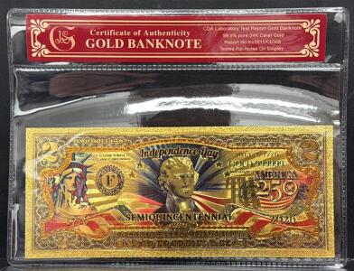 24K Gold Banknote, Independence Day, GOLD 999999, COA Certified