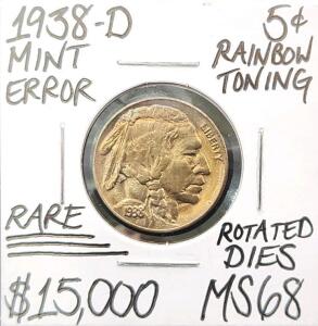 1938-D MS68 RARE Mint Error Gem Buffalo Nickel