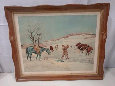 Framed Western Cowboy Winter Print by Lorenz, 22"x18", Signed, Wood Frame