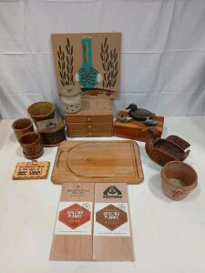 Vintage Mixed Lot: Ceramic Planters, Wood Cutting Board, Grilling Planks, Decor, Art (13+ items)