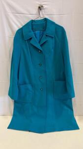 Carol Brent Turquoise Zepel Rain Repellent 1960s-70s Women&rsquo;s Button Front Overcoat, Size Unknown