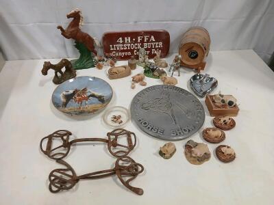 Large Western Collectibles Lot&mdash;Horse & Pig Figurines, County Fair Plaques, Rustic Decor 20+ Pcs
