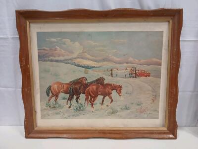 Framed Western Ranch Scene Print by Lorenz, Horses Snow Landscape, 22"x28", Vintage Wooden Frame
