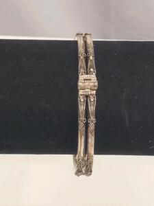 Silver Bangle Bracelet, 92.5 Purity, Ornate Design, Hinge Closure