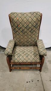 High Back Upholstered Armchair with Wood Frame and Diamond Pattern Fabric