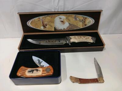 Collectible Eagle Motif Knives Set, Stainless Steel Blades, Includes Display Boxes