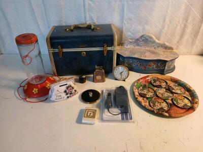 (1) Vintage Samsonite Train Case (1) Vintage Westclox Roll-Top Travel Alarm Clock & More