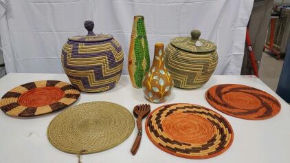 Handcrafted Decorative Set: Woven Baskets, Vases, Mats, Utensils