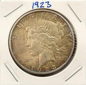 1923 Peace Dollar Silver Coin, Philadelphia Mint, 90% Silver, Circulated, Cardboard Flip