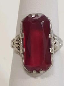 Silver Ring with Rectangular Red Gemstone, Possible 14K