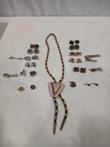 Vintage Men&rsquo;s Lot: Cufflinks, Tie Clips, Stone Bolo Tie, Military & Travel Pins, 1950s&ndash;1970s