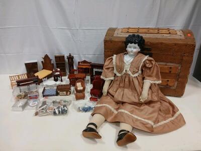 Vintage Porcelain Doll & Vintage Miniature Wooden Accessories