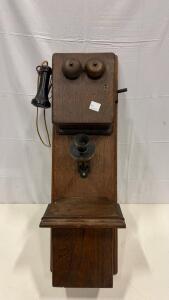 Antique Oak Wall Mount Crank Telephone c.1900s Dual Bell, Hand Crank, Candlestick Receiver