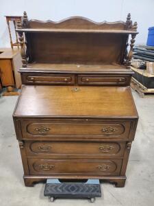 Ornate Wooden Secretary Desk with Drop Front and Upper Shelving 45 in x 30 in x 18 in (114 cm x 76 cm x 46 cm