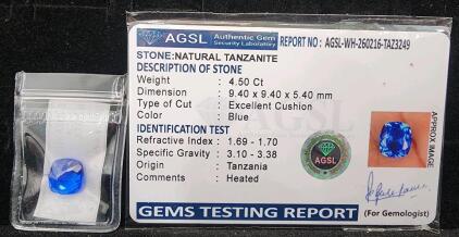 (1) 4.50Ct Exellent Cushion Natural Blue Tanzanite W/ Gem Test Report
