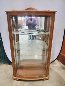Bow Front Oak Curio Cabinet with Mirror Back, 3 Glass Shelves, Interior Lighting, 57"x40"x16"