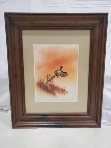 Larry Johnson Signed Pheasant in Flight Framed Wildlife Art Print, Rustic Wood Frame, Matted