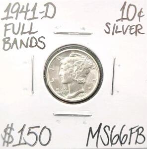 1941-D MS66FB Full Bands Gem Silver Mercury .10c