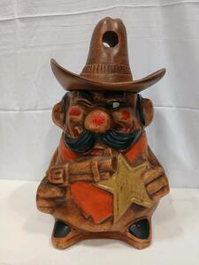 Vintage Ceramic Cowboy Sheriff Cookie Jar, Hand Painted, 13" Tall, Hat Lid, Cartoon Western Decor
