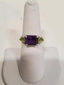 .925 Silver Ring with Amethyst and Peridot Stones
