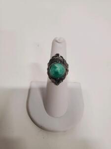 Vintage Silver Ring with Turquoise Stone, Ornate Floral Design