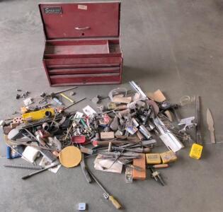 Snap-on Metal Toolbox with 3 Drawers, Assorted Hand Tools, Caliper, Hammers, Files, Red