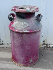 Vintage 10 Gallon Steel Milk Can, Faded Red, Two Handles, Lid, 25"x13"