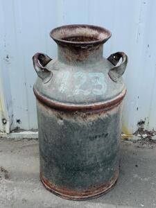Antique 10-Gallon Galvanized Milk Can, Rust Patina, Handles, Numbered "123", No Lid