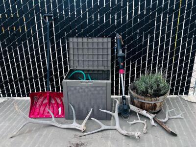 Cordless Trimmer (No Battery Unable To Test), Barrel Planter, Garden Tools, Shed Antlers, Hose Bin Lot