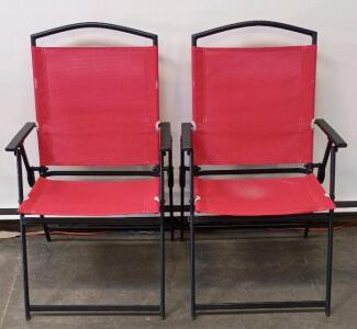 Pair Red Outdoor Folding Patio Chairs, Metal Frame, Mesh Fabric, Armrests, Foldable 38"x30"