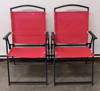 Pair of Red Folding Outdoor Patio Chairs, Steel Frame, Armrests, 225 lb Capacity 35"x30"