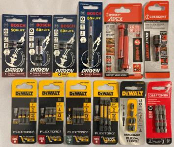 Collection Of (12) Bosch, DeWalt, Crescent, Craftsman Impact Driver Bits Sets