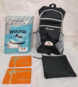 (1) Pair Of WULFUL - Kids Waterproof Ski Bibs, Size 10-12, (1) Day Pack W/ Storage Bag & (2) Hot Dot USB Rechargeable Hand Warmers