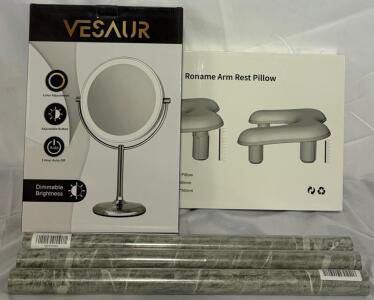 Lighted Makeup Mirror, Nail Salon Arm Rest & (3) Rolls Peel & Stick Contact Paper (Grey Marble, 23.6" x 196.9")