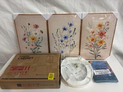 Home D&eacute;cor & Bath Lot: 3 Floral Wall Art Prints, Medicine Cabinet, Toilet Seat, Area Rug