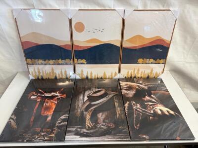 Set of 6 Western Cowboy and Modern Mountain Landscape Canvas Wall Art Prints 16"x24" Each