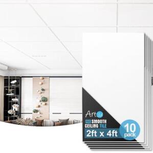 (3) Art3d 10-Pack Smooth Drop Ceiling Tile 2ft x 4ft - Fire-Rated, Waterproof, Reusable - Premium PVC, No Sag and Breakage - Cover 80 Sq. Ft, White