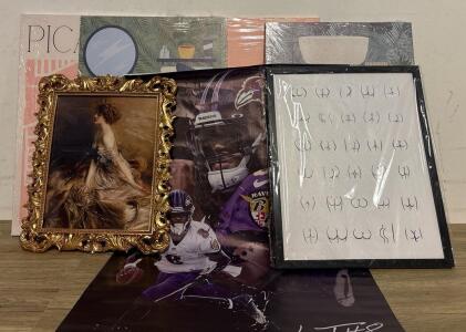 Wall Art Lot (4) 16x24&rdquo; Canvases, 14x18 Victorian Woman Gold Framed Picture, (1) 16x20 Black Framed Bathroom Wall Art, (1) Football Poster