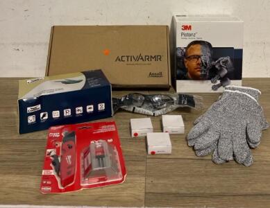 Men&rsquo;s Protective Gear Lot including Gloves Size Large, pocket knife with extra blades, protective eye glasses, (3) mini tape measures and (1) box of ear plugs.