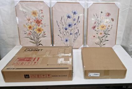 (3) 16" x 24" Floral Canvas Wall Art Prints, (1) 14" x 18" Medicine Cabinet, Black Finish & (1) Elongated Toilet Seat, White W/ Metal Hinges